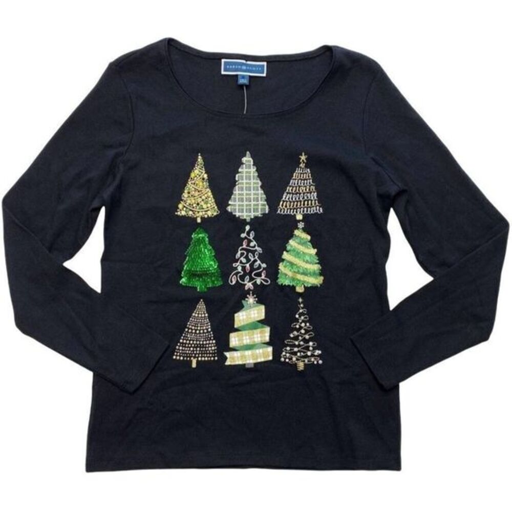 Karen Scott Shirt Top‎ Women's SMALL Black Scoop-Neck Seasonal Winter Trees NEW